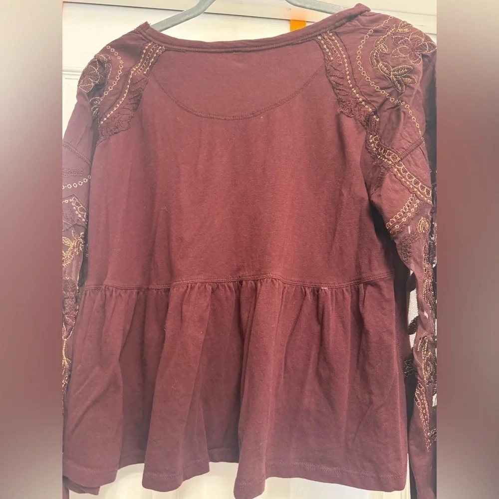 Free People Red Wine Embroidered Penny Tee Mesh Balloon Sleeve Top Size S